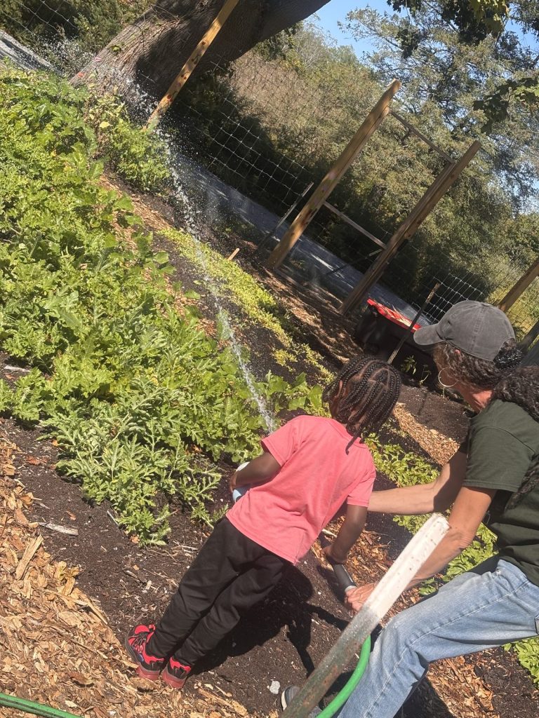 A child in pink and an adult work together in a vegetable garden bed.