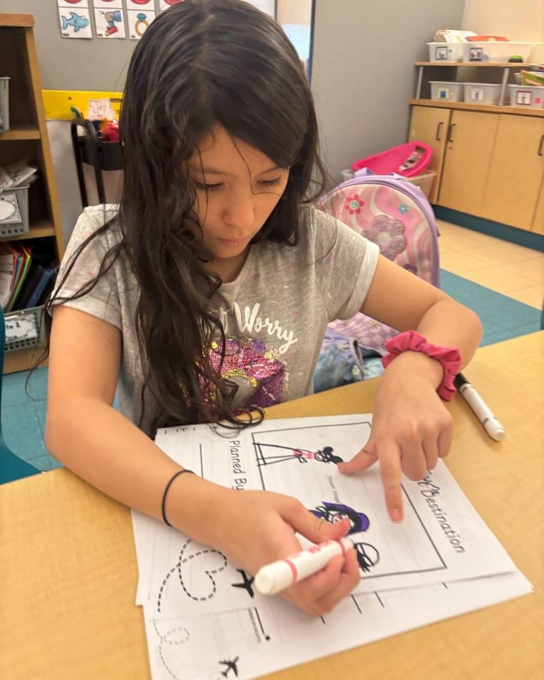 Young Butterfly works on a Destination planning worksheet in class